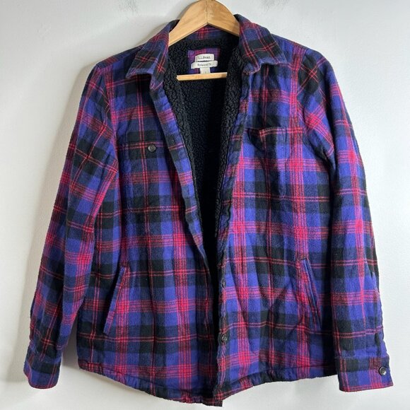 L.L.Bean Jacket Womens Small Purple Black Plaid Sherpa Lined Flannel Relaxed Fit - Picture 1 of 13